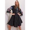 Women's Black Full Collar Embroidered Tassel Detailed Inside Lined Poplin Dress Alc-x6915