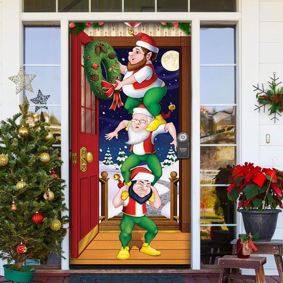 Christmas Door Cover Colorful Print Christmas Door Decoration Backdrop Front Door Decor Holiday Festive Xmas Party Supplies