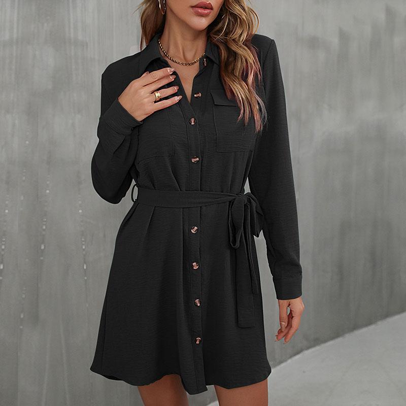 Ранняя осень, однобортное однобортное платье с воротником с лацканами и длинными рукавами на шнуровке, однотонное платье