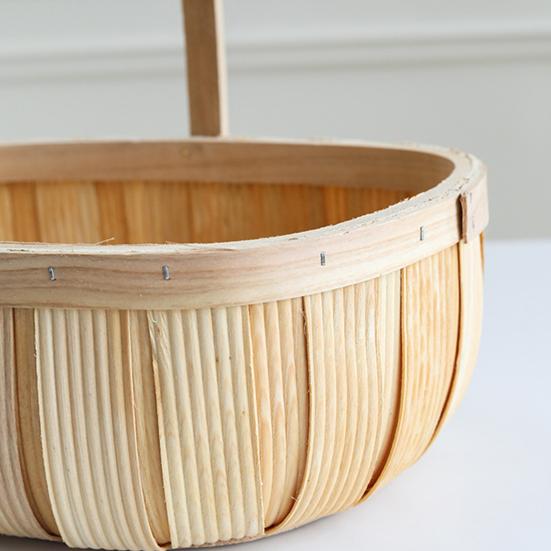 Reinforced Handle Organizer Handmade Woven Wood Storage Basket, Oval with Handle, Portable Food Serving Tray Large Capacity Bin for Kitchen