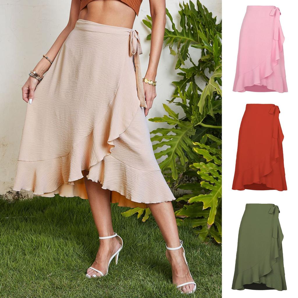 Summer One Piece Lace-Up Long Irregular Solid Color Halter Skirt