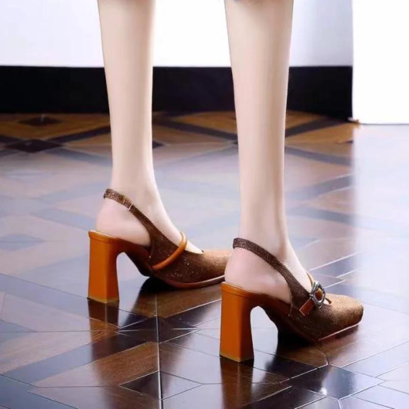 2024 Retro Style Women Pumps Chunky High Heels Square Toe Spring Summer Sandals SShallow Buckle Strap Ladies Shoes