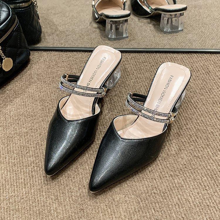 Модные остроносые туфли на высоком каблуке 2025 лето новая модель толстый каблук цвет стразы сандалии повседневные женские туфли с закрытым носком