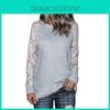 Lace Grey Trim Crew Neck Fitted Tshirt Blended Fabric Hoodie Women Sleeve Long