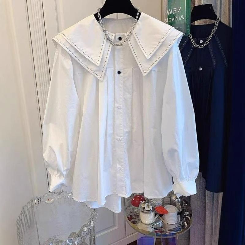 Женский корейский кардиган-блузка на четыре сезона: весна, осень, с кукольным воротником, женская свободная однотонная рубашка, топы, женская мода, рубашки с рукавами-фонариками