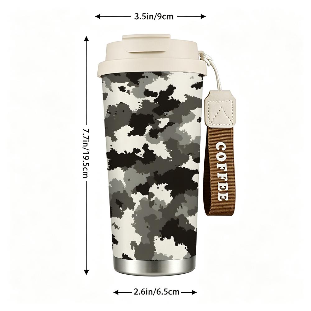 Grey Camouflage Pattern Travel Mug Insulated Coffee Tumbler Stainless Steel Vacuum Cup Leakproof Reusable Container for Outdoors