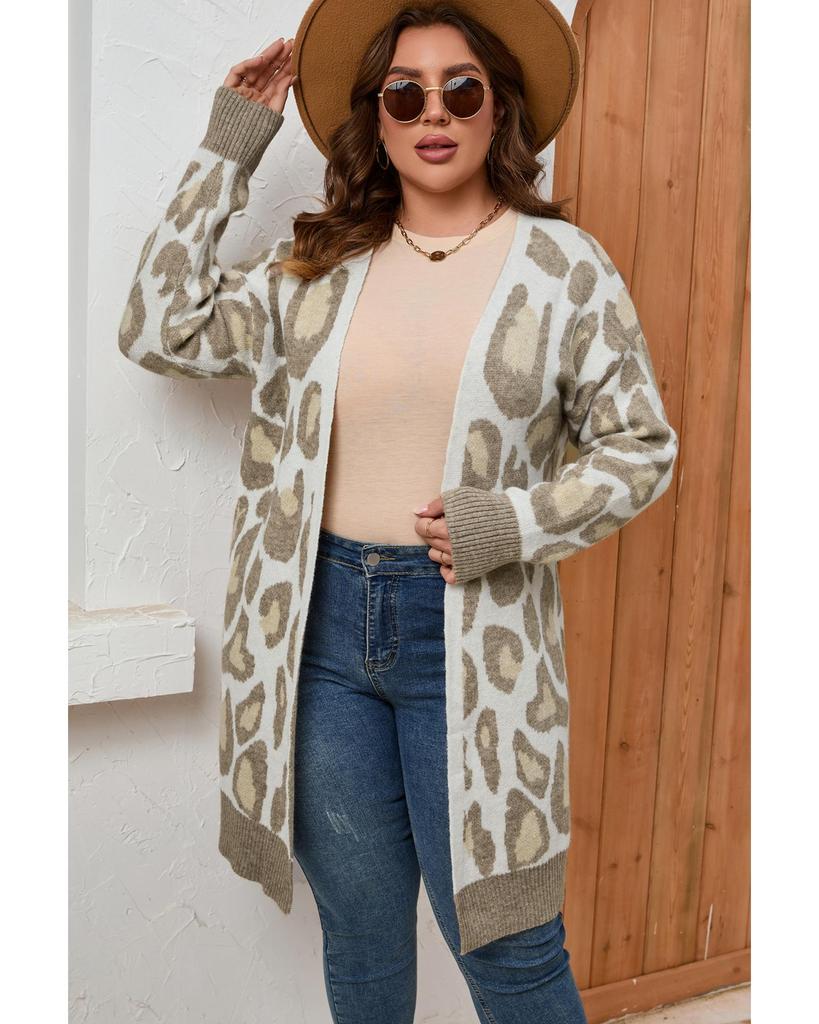 Azura Exchange Beige Plus Size Leopard Pattern Cardigan