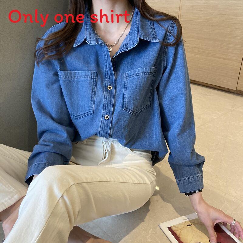 Retro Navy Denim Shirt For Women With Long Sleeves And Pockets For Casual Office Wear