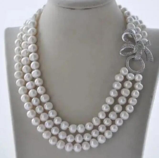 3Row 8-9mm White Round Freshwater Pearl Necklace