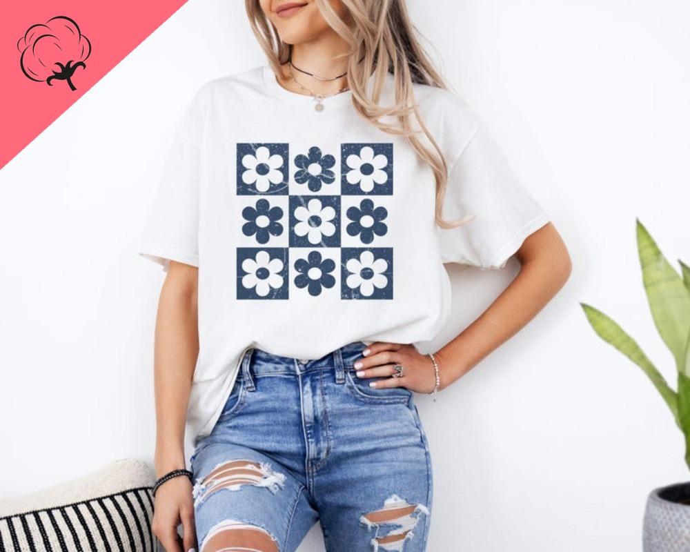 Checkered Flowers Retro Flowers Tshirt Boho Floral Gift For Mom Tee Summer Spring Trendy Floral 100 Cotton Short Sleeve Top