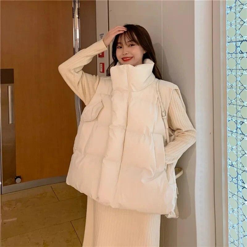 Черный утолщенный теплый жилет, женский пуховый хлопковый пальто, кардиган на молнии, повседневный свободный воротник-стойка, Harajuku, офисная леди, новая мода