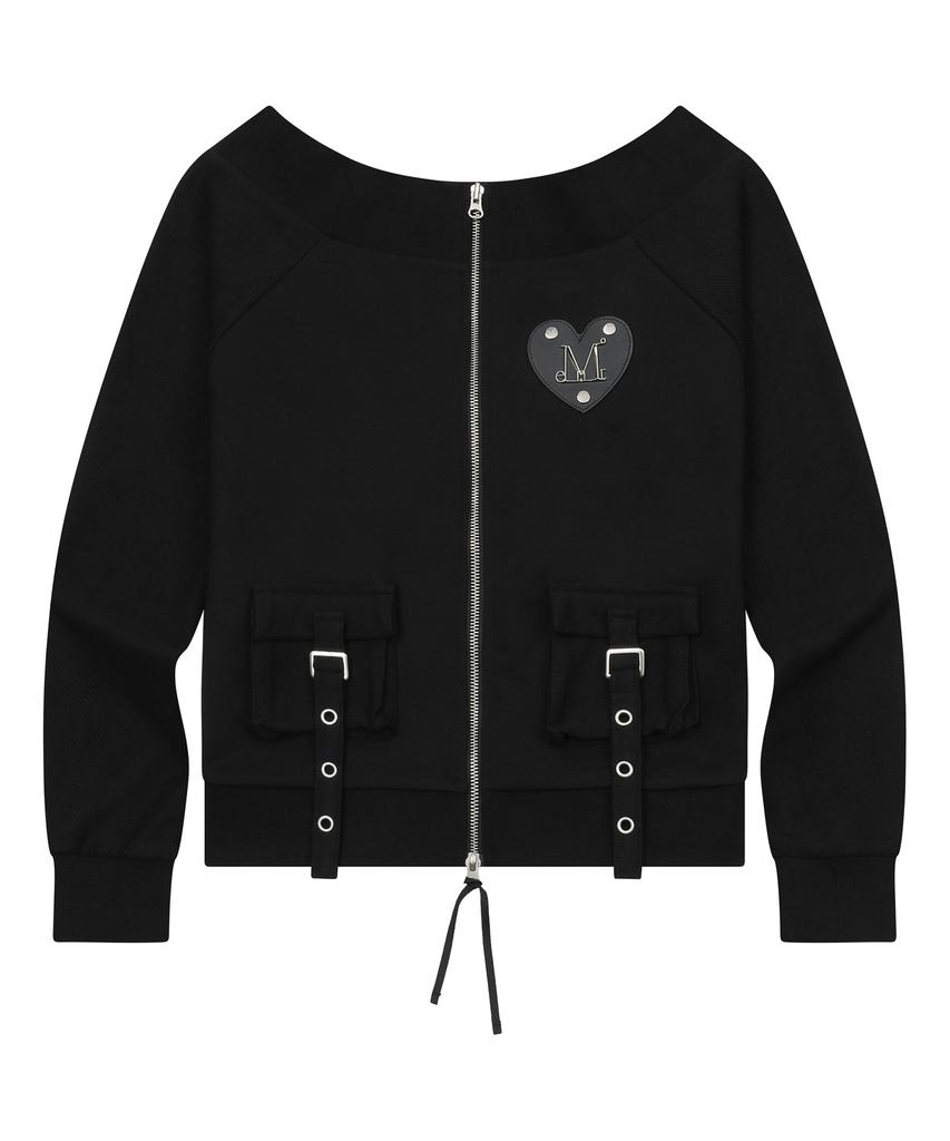 MUCENT Tire Metal Logo Heart Patch Off-Shoulder Zip-Up Sweatshirt (2 Colors)