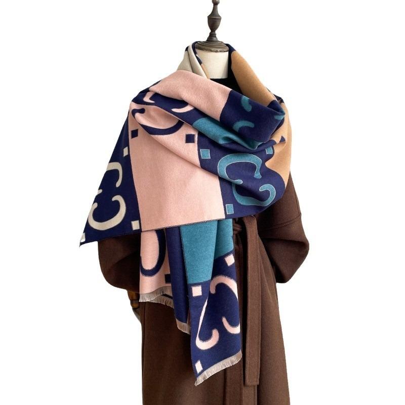 Autumn and Winter Double-sided Contrasting Letters C Imitation Cashmere Scarf Women's Thickened Shawl Color Matching Versatile Warm Scarf
