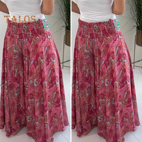 Women Summer Casual Pants Wide Leg Elastic High Waist Long Pants Retro Printing Culottes Loose Fit Flowy Trousers Streetwear