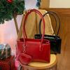 Autumn and Winter Rich New Red Love Pendant Baguette Square Bag Oil Wax Glossy Texture Niche Design Shoulder Bag