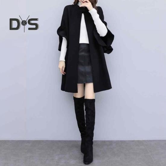 Женское зимнее пальто с рукавами-лепестками, воротником-стойкой, накидкой-трапецией, кардиганом средней длины с открытыми стежкам, шерстяным пальто для улицы, пончо