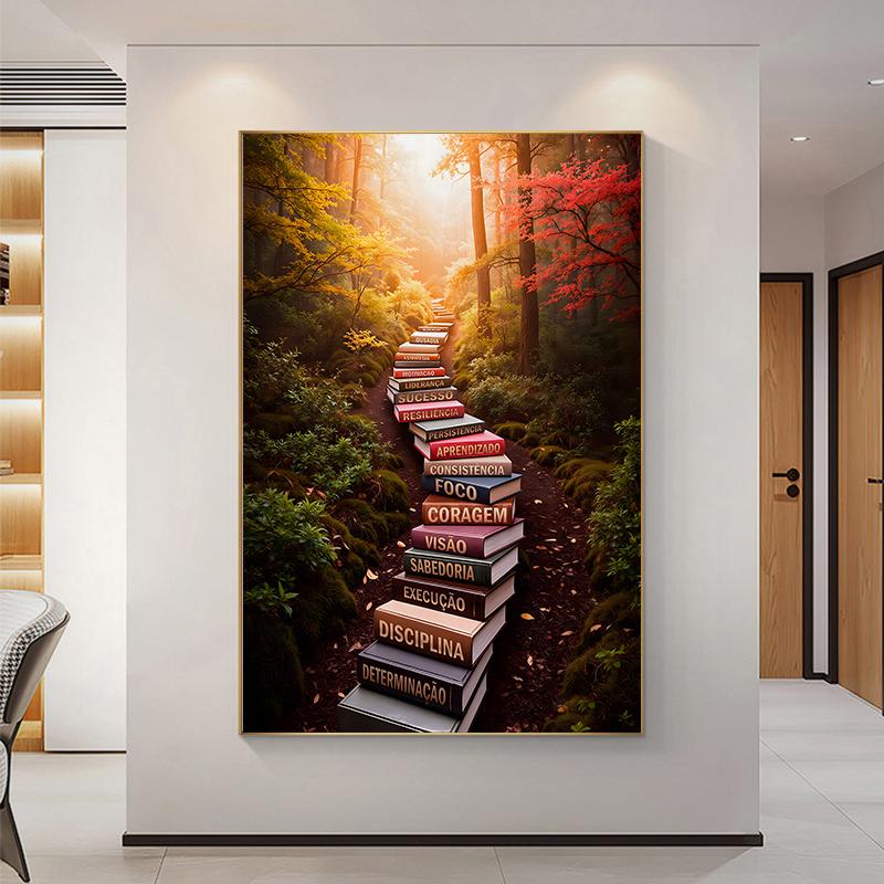 Magic Book Staircase Canvas Painting Autumn Forest Posters and Prints Wall Art for Living Room Office Decor No Frame
