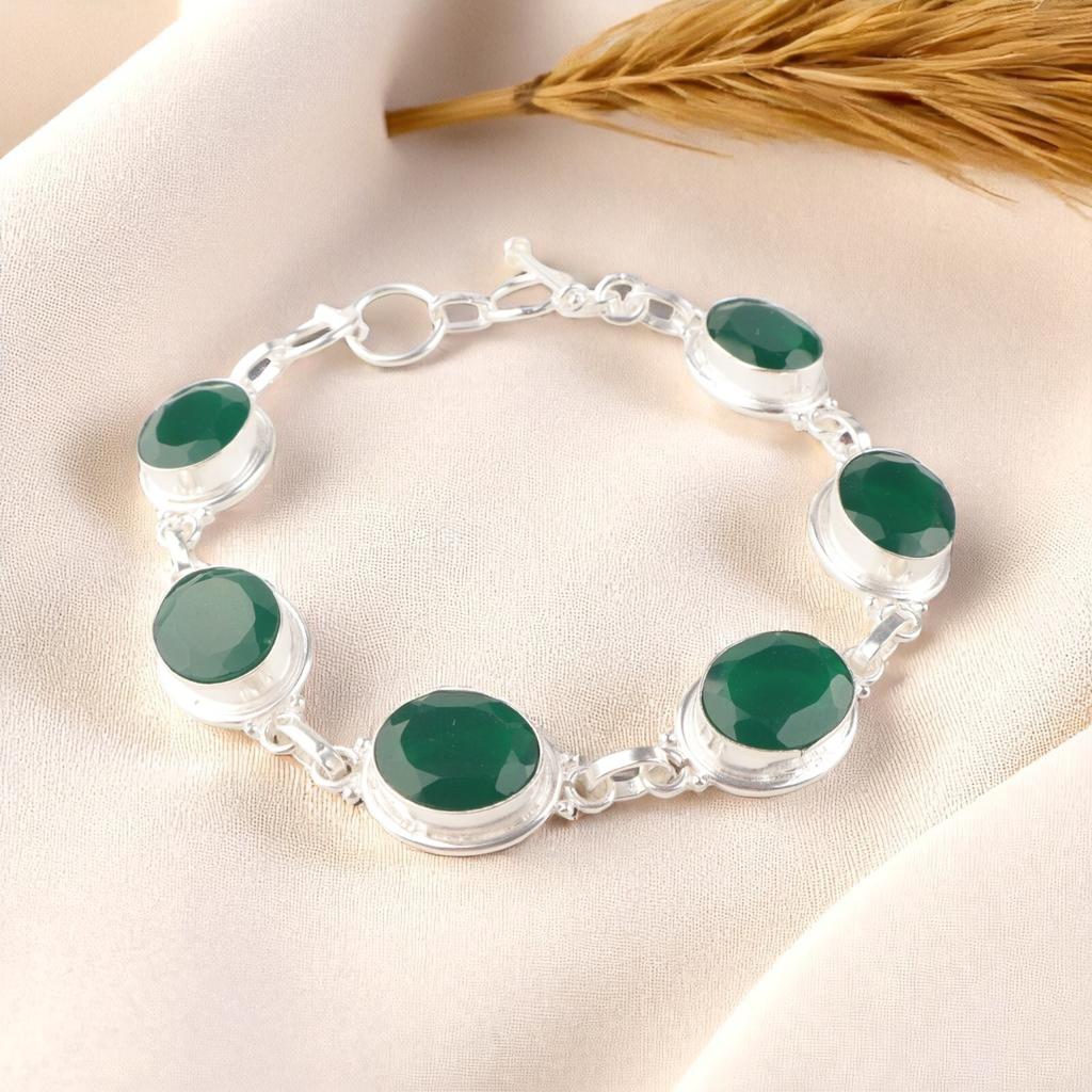 Зеленый Оникс Драгоценный Камень 925 Стерлинговое Серебро Ювелирные Изделия Ручной Работы Браслет 8.5" Для Подарка RB-3-2