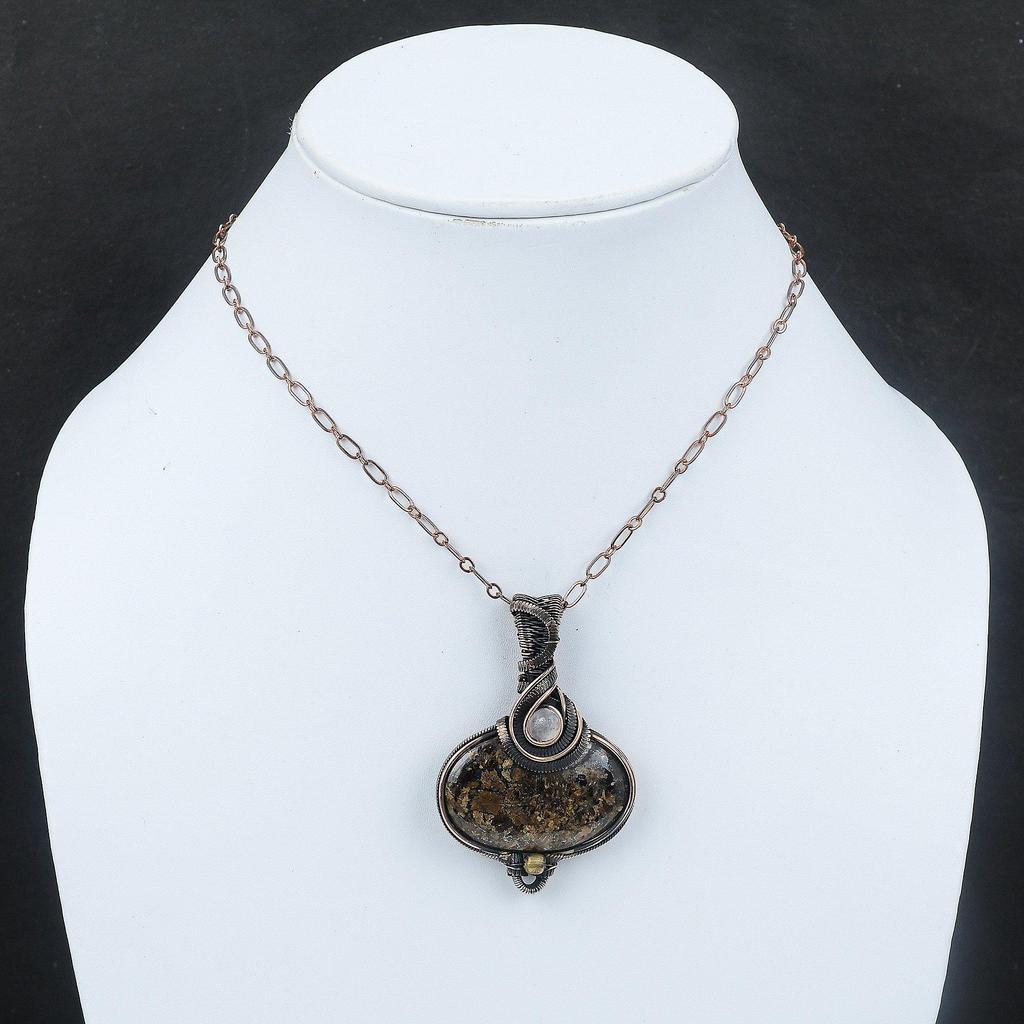 Подвеска из бронзита, обернутая медной проволокой, ручная работа, медные украшения, радужный лунный камень, подвеска для женщин, драгоценный камень, подарок для матери