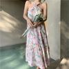 Летнее новое свободное сексуальное шифоновое длинное платье без рукавов, женское платье с цветочным принтом, вечерние платья-халтер, женское модное платье А-силуэта для отдыха на пляже 26629