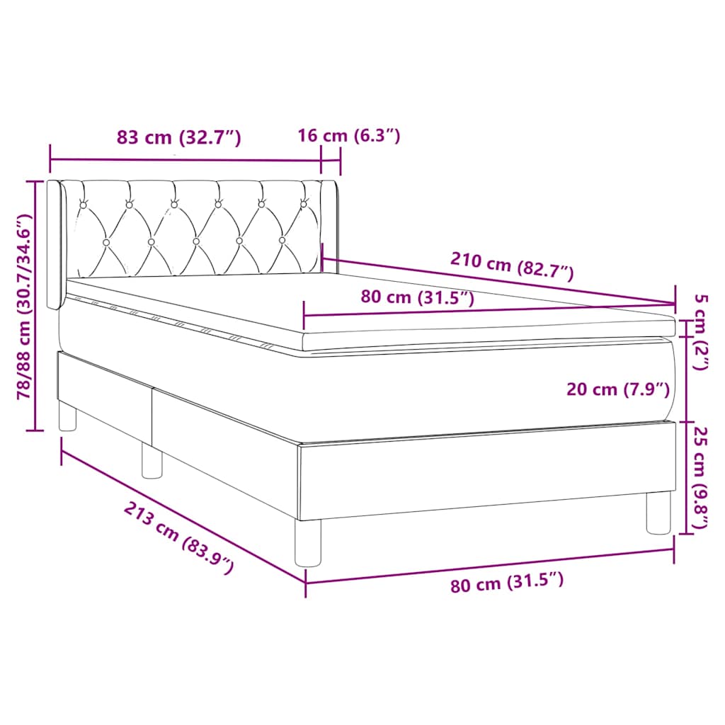 Box Spring Bed with Mattress Dark Gray 80x210 cm Velvet