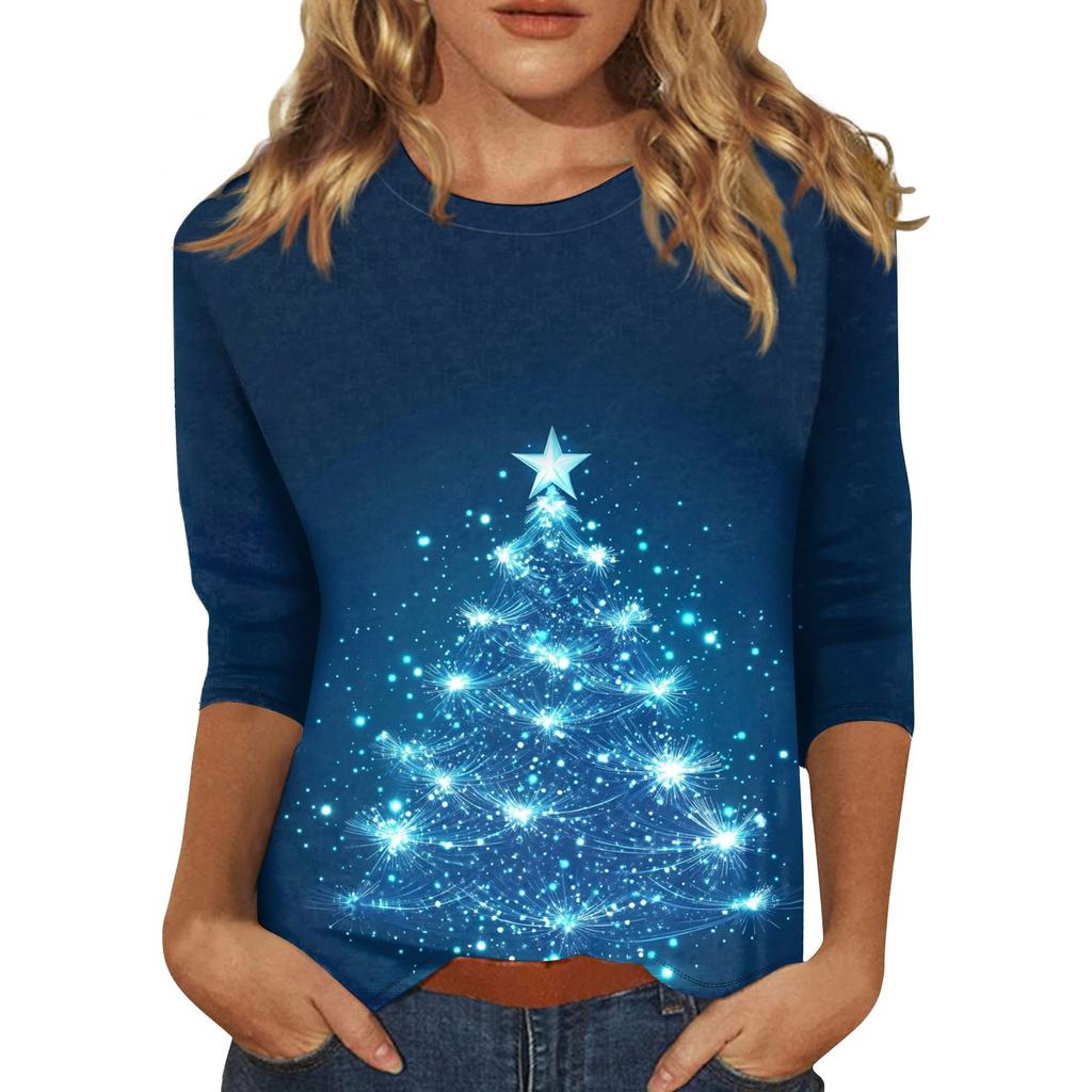 Women's O-Neck 3/4 Sleeve Christmas Print Top