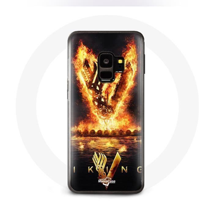 Coque pour Samsung Galaxy S9 Plus Vikings Série Saison 6 logo V Epée de Feu Fond Noir