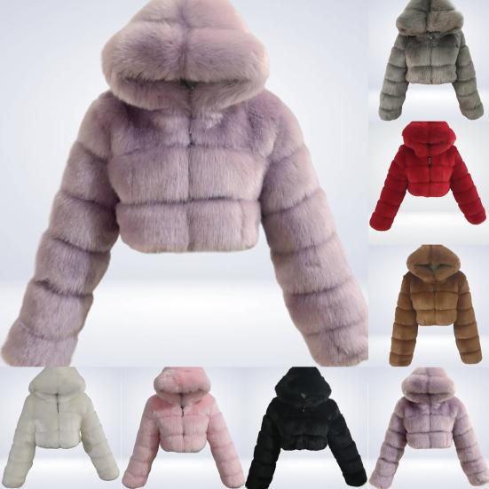 Пальто из искусственного меха с капюшоном на молнии для женщин, однотонное теплое пальто в стиле пэчворк с длинными рукавами