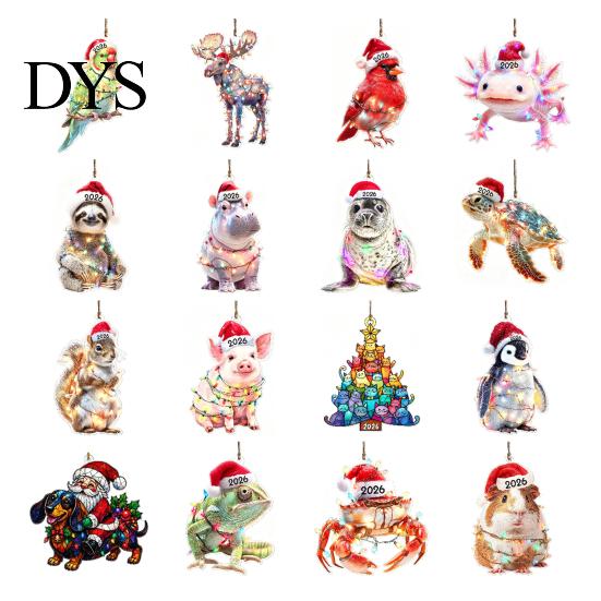 Year of 2026 Commemorative Keepsakes Christmas Animal Hanging Ornaments with Lanyard, Cute Double Sided Pendant Tree Accessories Santa Hat,