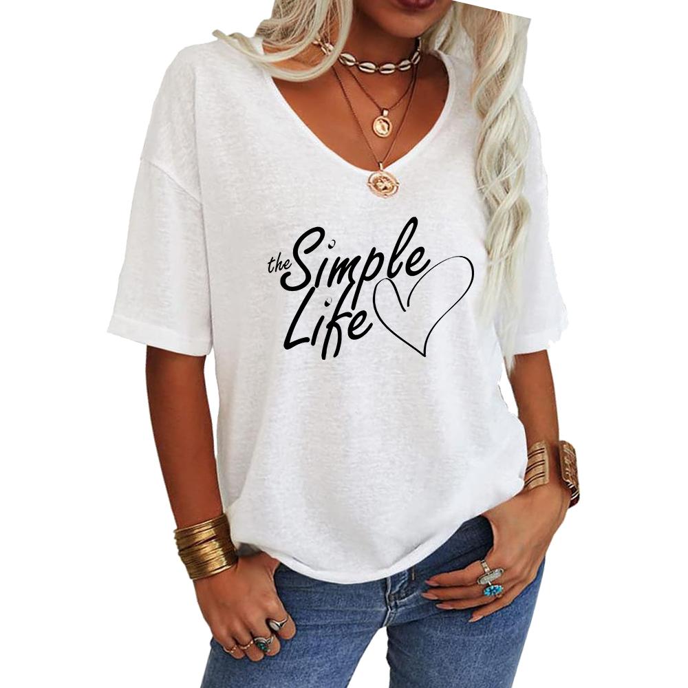 Women Fashion V Neck Tee Shirt Summer Casual Short Sleeve Top Loose Letter Print T-shirt
