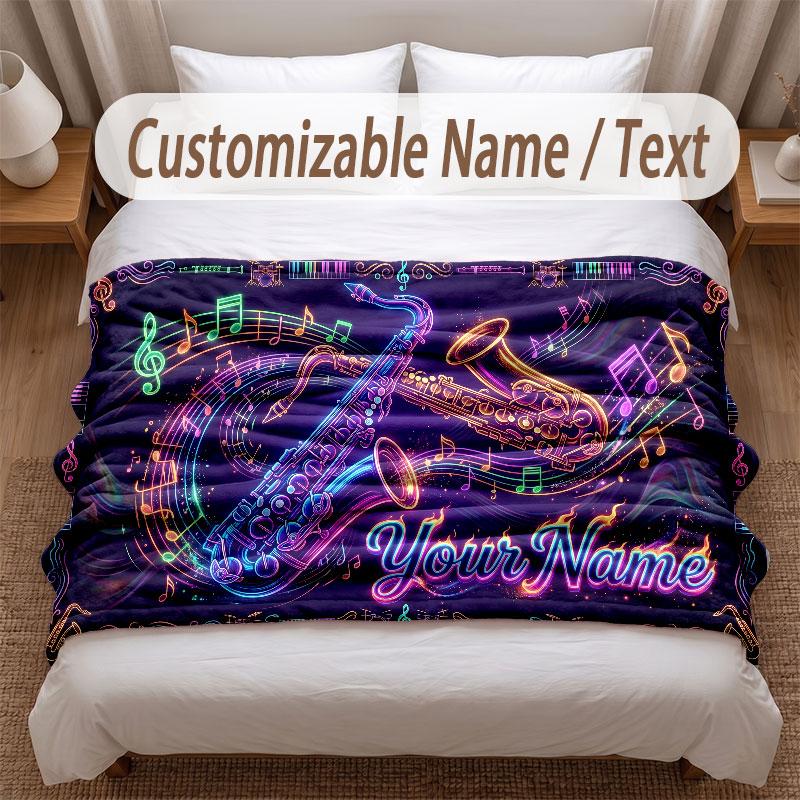 Music Theme Soft Blanket Personalized Custom Name Text Print Warm Blanket Home Sofa Bedroom Decor