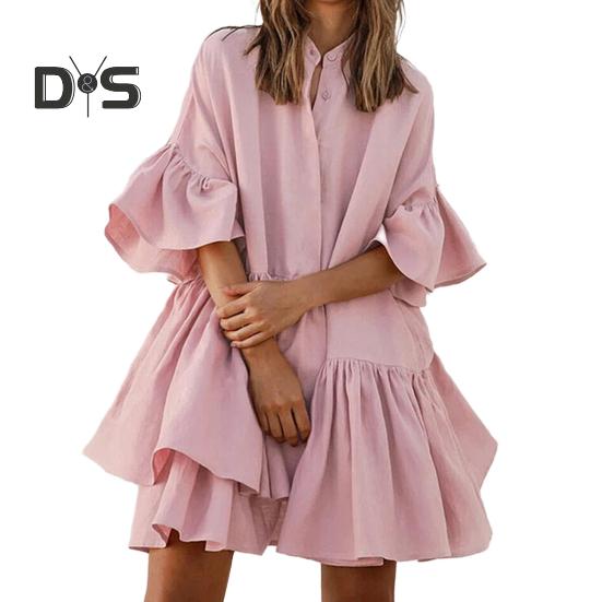 Женское многоярусное платье-бэбидолл с плиссированными рукавами, летнее повседневное свободное мини-платье средней длины для повседневной жизни и пляжных вечеринок