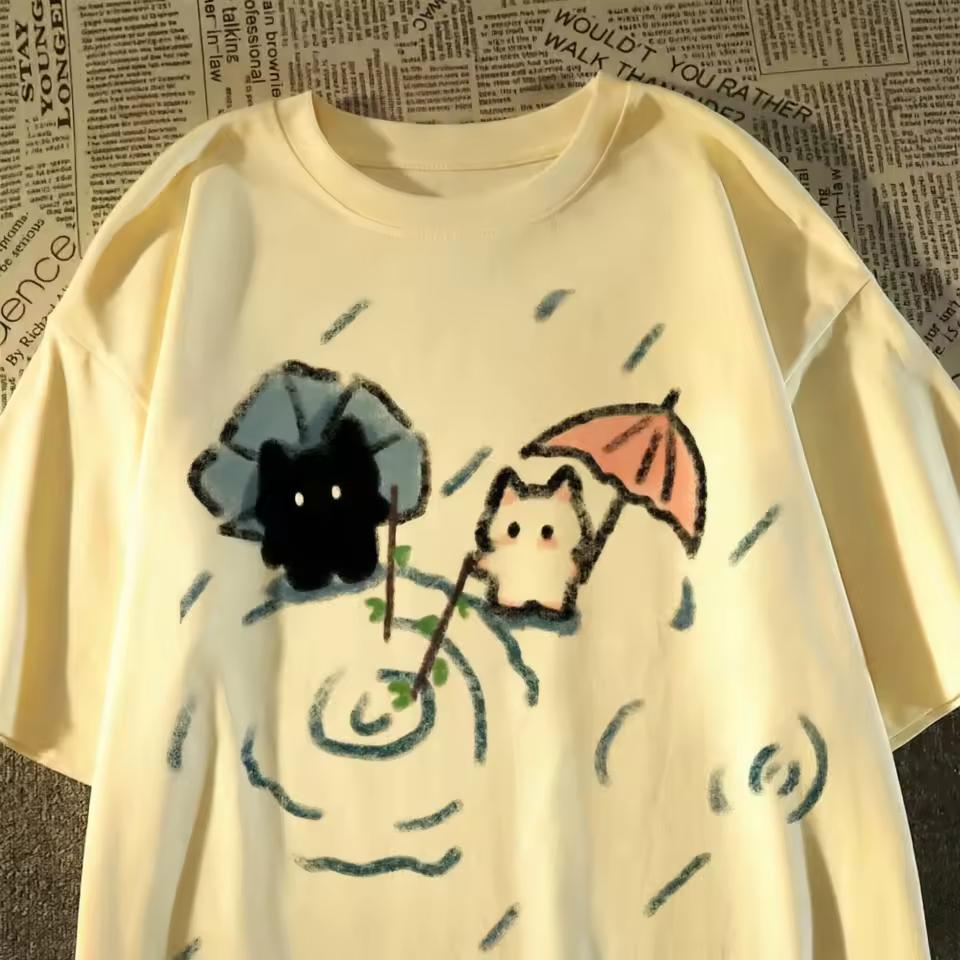 Japanese Cute Black and White Cat Pure Cotton Short-sleeved T-shirt Men's and Women's Summer Oversize Half-sleeved Top Tee