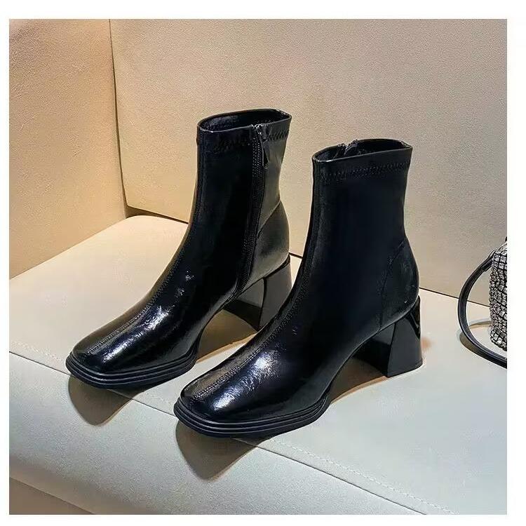 Внешняя торговля французский квадратный носок толстый каблук короткие ботинки 2024 новые ретро мода тонкие ботинки короткие маленькие одинарные ботинки