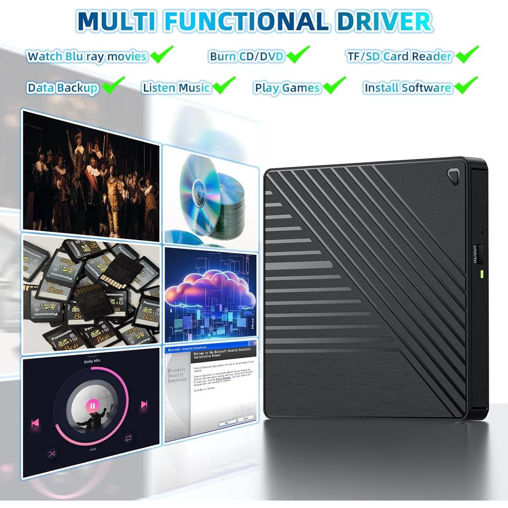 Внешний Blu-ray привод 5-в-1 USB 3.0 и USB-C DVD/CD рекордер BD ридер с 2 портами USB-A и кардридером SD/TF – для ноутбука ПК Mac