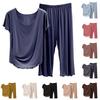 Women's Fashion Solid Color Home Pajamas  Short-Sleeved Seven Pants Wooden Ear Edge Set