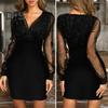 Women Evening Dress V Neck See Through Mesh Patchwork Long Sleeve Shiny Slim Fit Tight Waist Sheath Solid Color Party Prom Mini Dress
