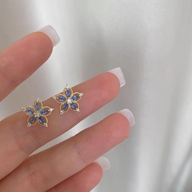 S925 Sterling Silver Light Blue Orchid Zircon Stud Earrings Flower Shape Hollow All-Matching Delicate Earrings Women