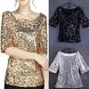 Women Shirt Shiny Sequin Half Sleeve O Neck Loose Solid Color Soft Breathable Pullover Sparkling Party Prom Cocktail Blous
