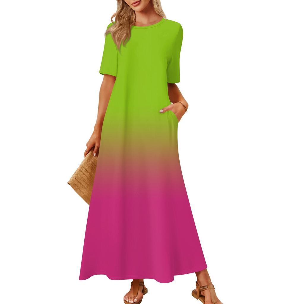 Women's Fashionable And Casual Long Beach Skirt Round Neck Short Sleeved Loose Retro Print Dress