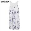 Женская мода лето весна перо принт без рукавов U-образный вырез свободная талия повседневные платья