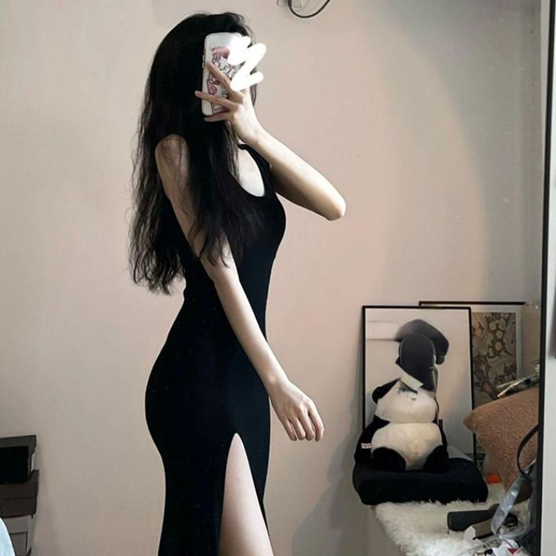 Черное платье без рукавов на бретельках, женское сексуальное облегающее платье макси с боковым разрезом, женское летнее корейское простое цельное платье