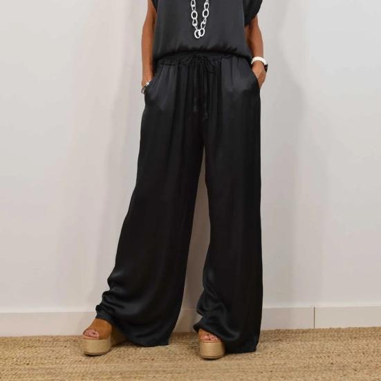 Women's Satin Silky Two-Piece Set Casual Crew Neck Short Sleeve Top Wide Leg Pants Set Loose Loungewear Outfit for Spring Summer