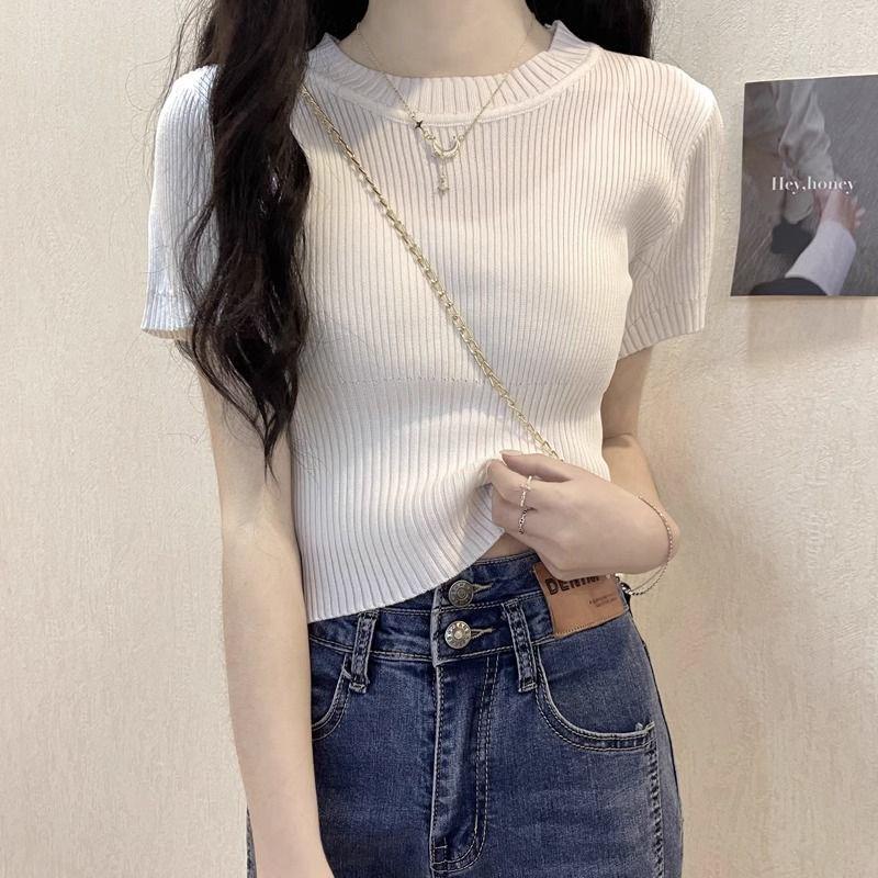 Women's Summer 2025 Stylish Ice Silk Slim Knit Short-Sleeve T-Shirt