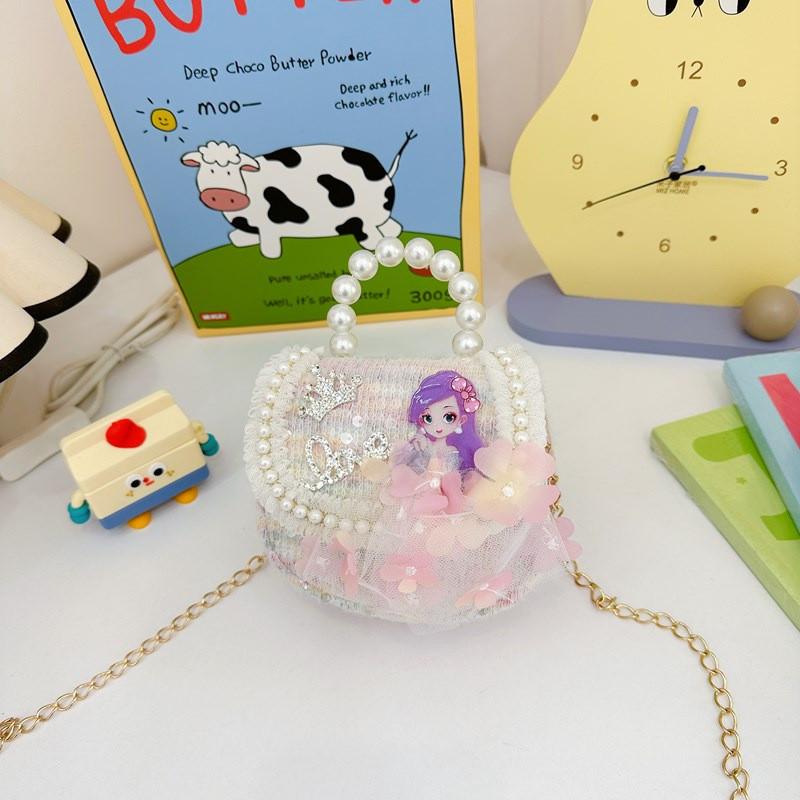 Crossbody Bowknot Girls Bag Sparkly Cartoon Shoulder Bag With Pearl Chain Strap