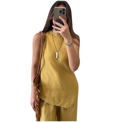 Женский повседневный пуловер с круглым вырезом, без рукавов, плюс карман, брюки, хлопок, многоцветный женский костюм