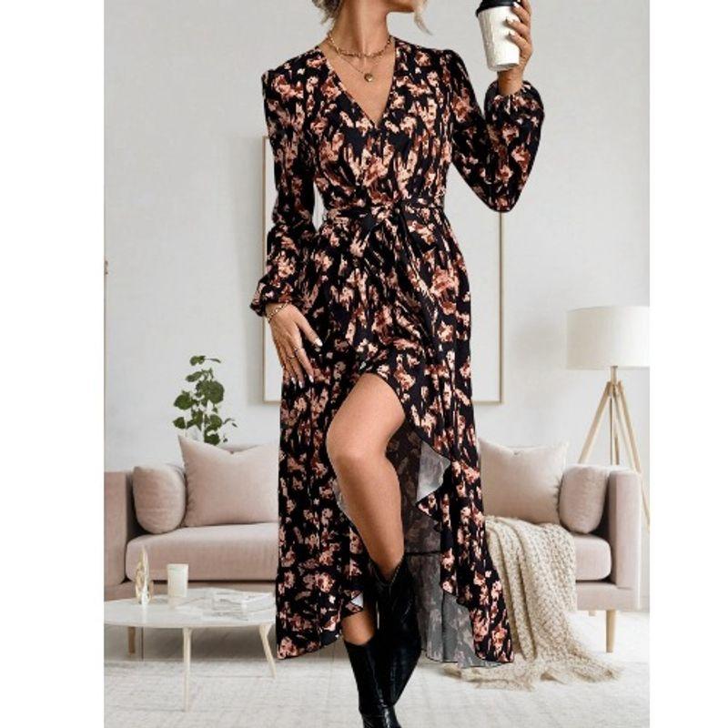 Spring & Fall New Fashion Style Fashion V Neck Print Waist-Controlled Lace-up Asymmetrical Ruffles Long Sleeves Dress Long Dress