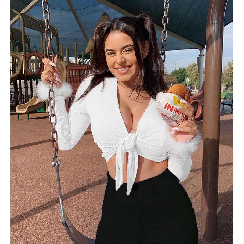 Long Sleeve Fur V-neck Wrapped Bandage Sexy Crop Tops Autumn Winter Women Streetwear Club Party Outfits T-shirts