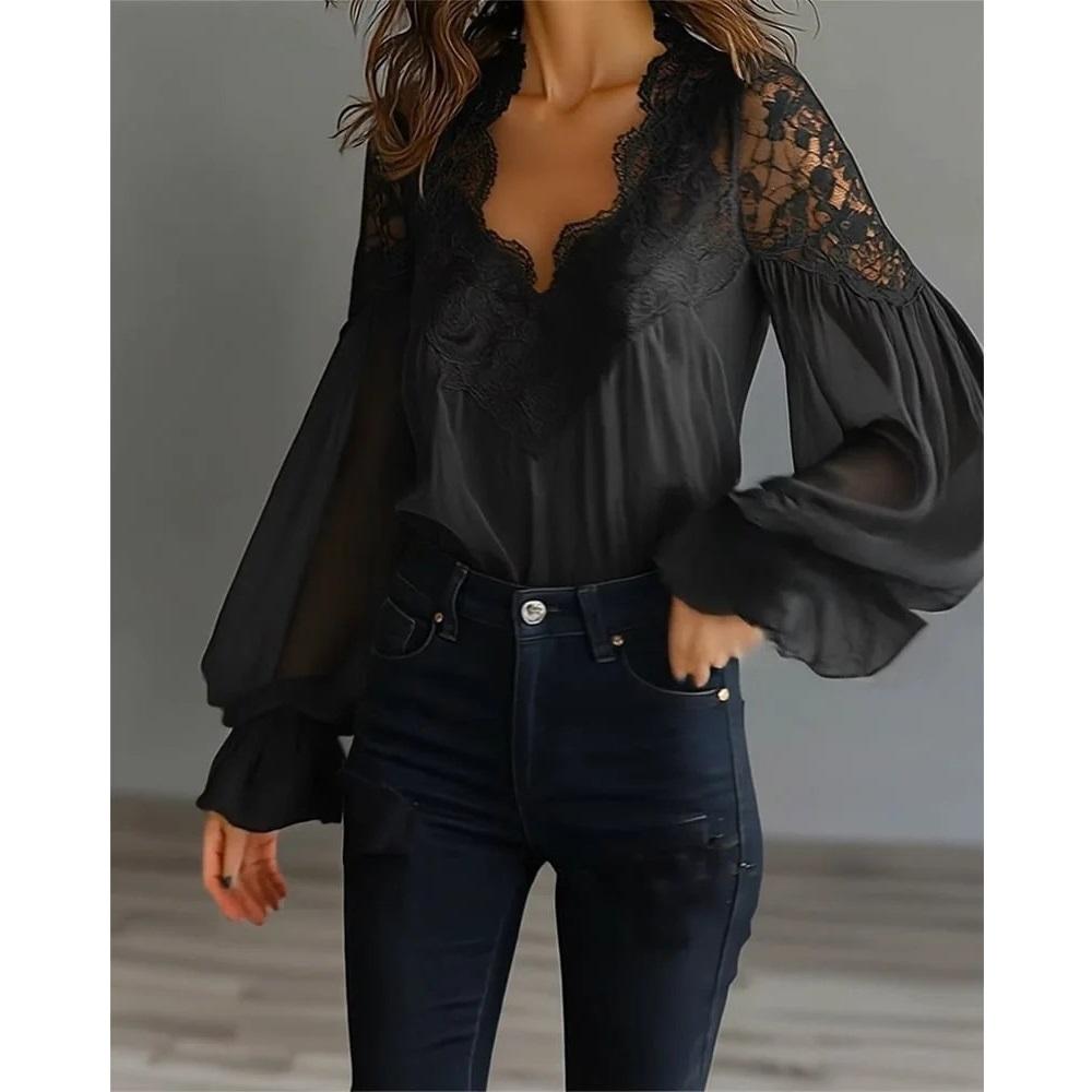 Women Lace Blouses and Shirts Ladies Puff Sleeve V-neck Tops Shirts