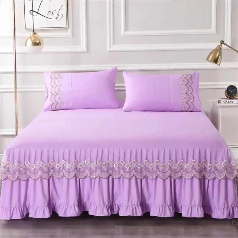 3pcs Bed Skirt Set with Ruffle Lace Anti Slip 1 8x2 0m Bed Cover Solid Mattress Dust Cover Pillowcase